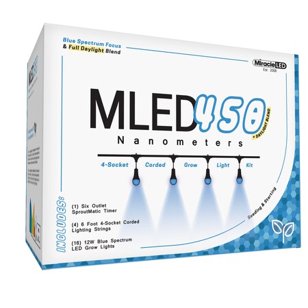 Miracle Led 450 Nanometer Indoor Grow Lght Kit Blue Spectrum 12W Repl 150W 4-Socket Corded Fixture w/Timer, 4PK 603539